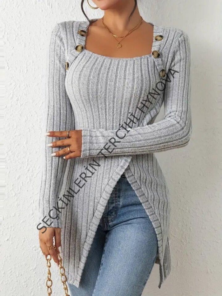 Kadın Uzun Kollu Derin Kare Yaka Düğme Detay şardonlu Kaşkorse Kruvaze Bluz