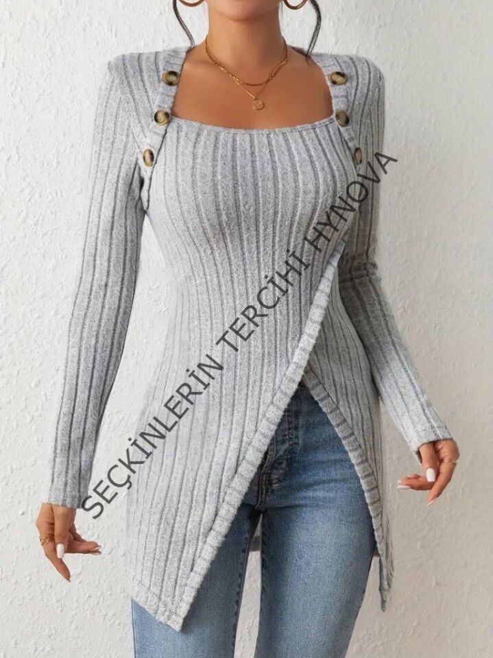 Kadın Uzun Kollu Derin Kare Yaka Düğme Detay şardonlu Kaşkorse Kruvaze Bluz