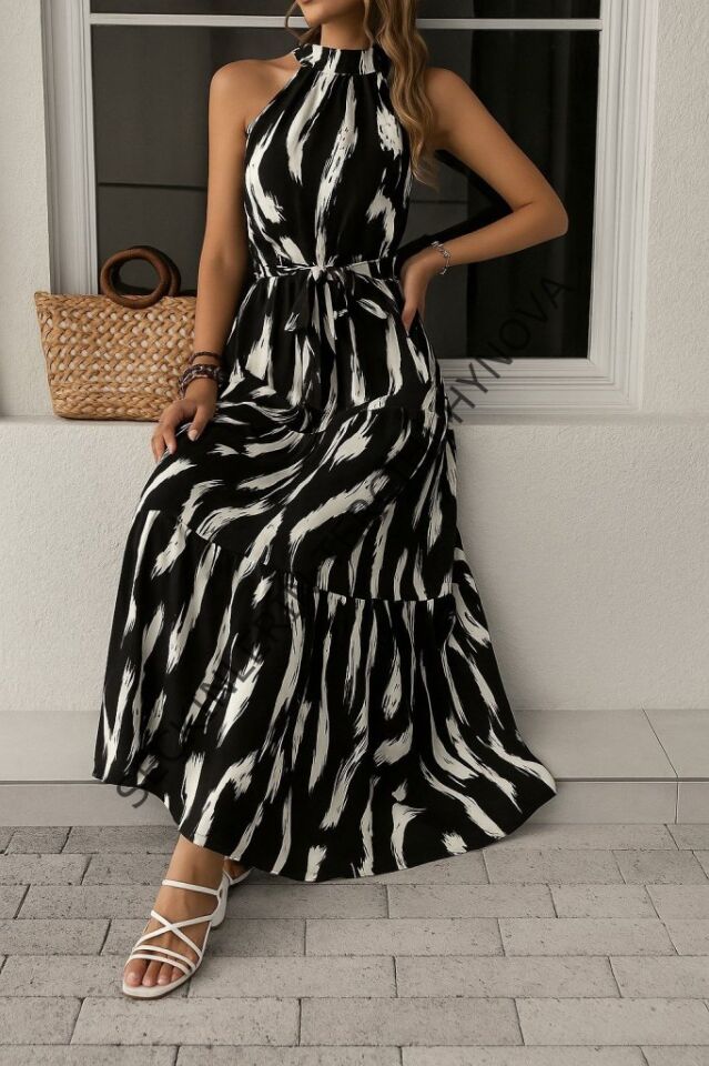 Kadın Halter Yakalı Omuzlardan Açık Kuşaklı Maksi Boy Desenli Süprem Elbise