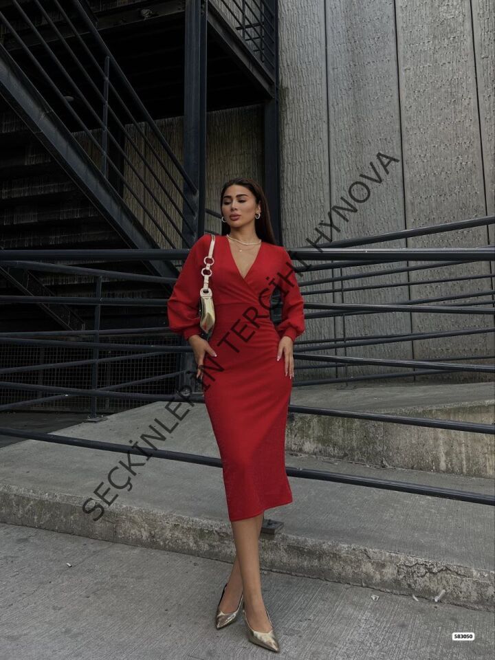 Kadın Kruvaze Yaka Balon Kol Simli Krep Kumaş Midi Boy Elbise