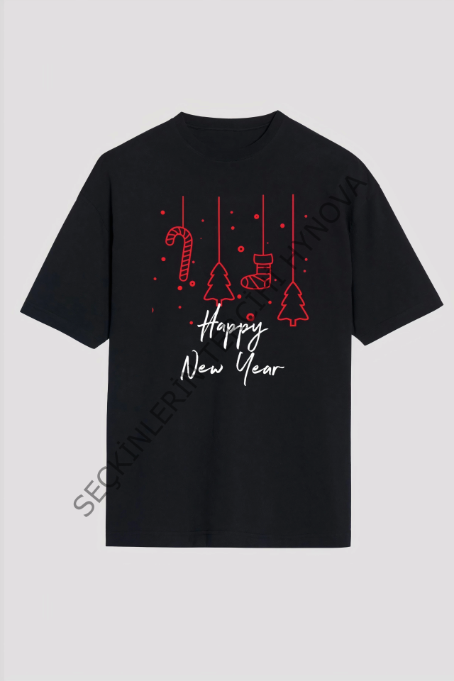 Happy New Year Baskılı T-shirt - Siyah