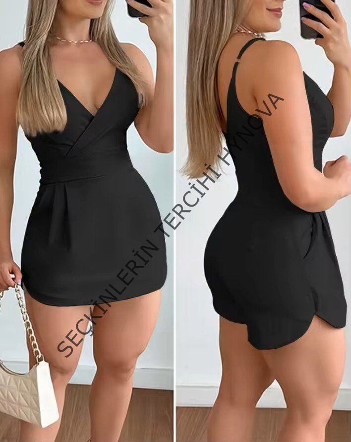 Kadın Ip Askılı Kruvaze Yakalı Cep Detaylı Ithal Krep Short Etek