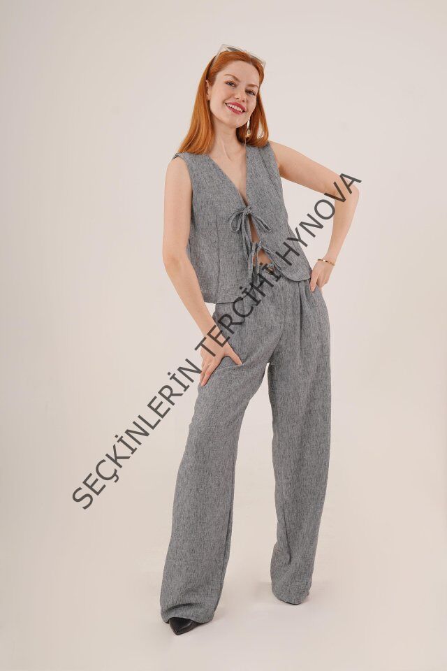 Ön Bağlama Detaylı Yelek Ve Pantolon Antrasit İkili Takım