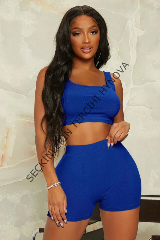 Kadın Mavi Şortlu Crop Top Gecelik Takım – Modern, Konforlu ve Günlük Kombinlere Uygun