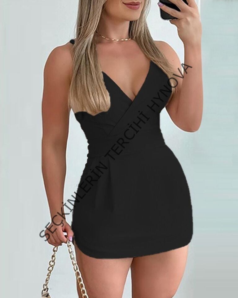 Kadın Ip Askılı Kruvaze Yakalı Cep Detaylı Ithal Krep Short Etek