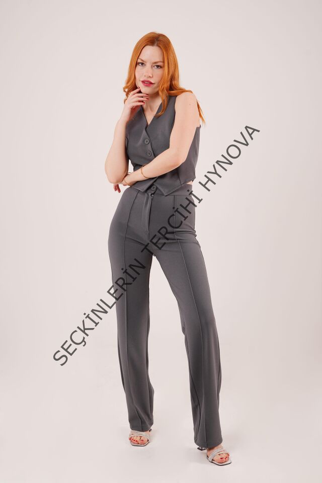 Ön Dikiş Detaylı Tek Düğme Gri Pantolon