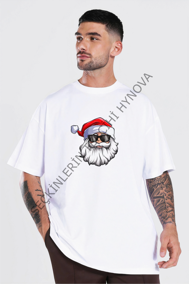 Gözlüklü Noel Baba T-shirt - Beyaz
