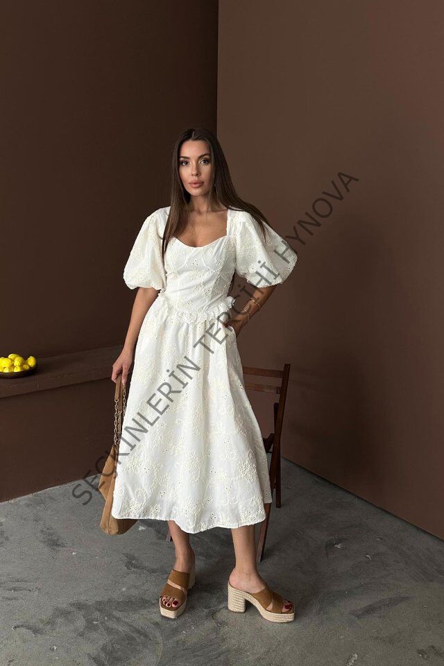 Ekru Balon Kollu Dantelli Brode Elbise