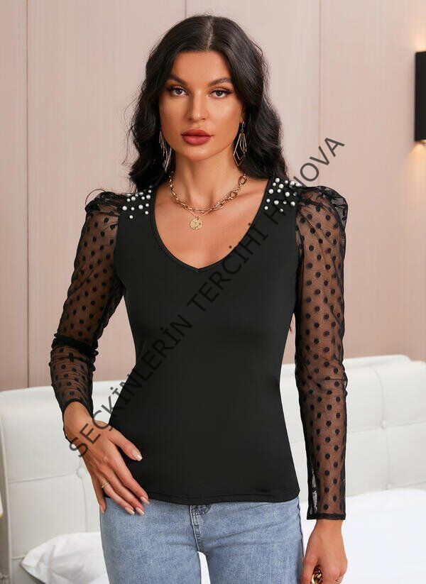 Kadın Uzun Kollu Omuz Inci Kollar Tül Detay Viskon Bluz