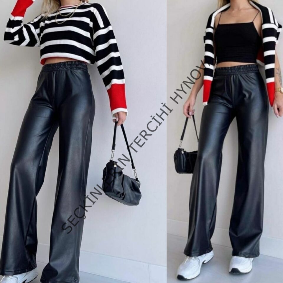 Kadın Yüksek Bel Beli Lastikli Geniş Paçalı Deri Pantolon