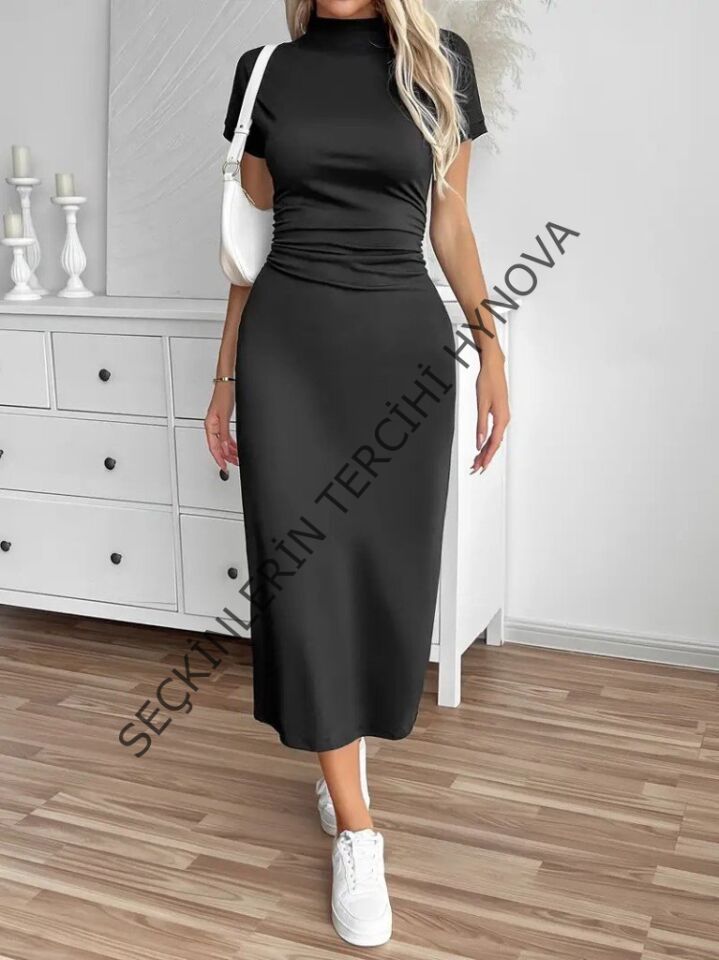 Kadın Yarı Balıkçı Yaka Yırtmaçlı Dalgıç Midi Elbise