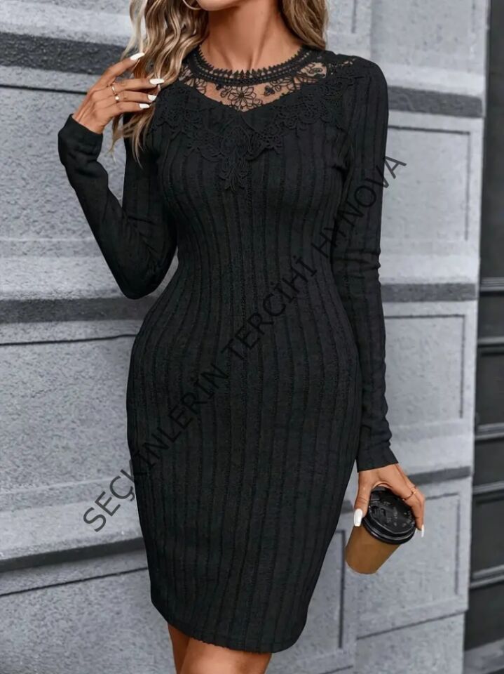 Kadın Uzun Kol Dantel Yaka Detaylı Kısa şardonlu Elbise