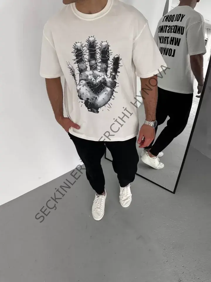 Unisex Bisiklet Yaka Baskılı Oversize T-Shirt - Beyaz