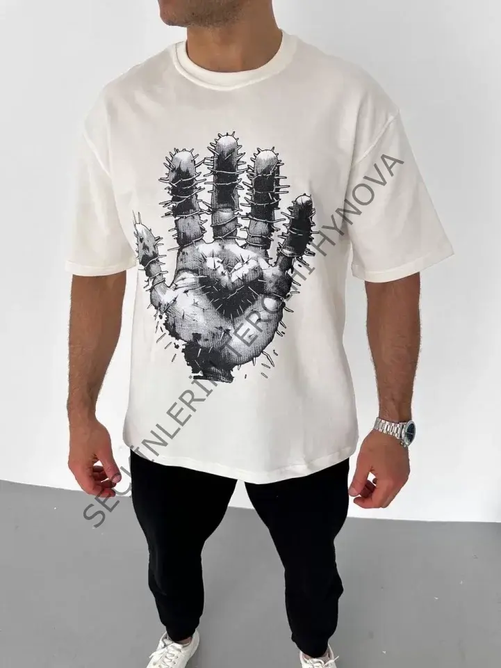 Unisex Bisiklet Yaka Baskılı Oversize T-Shirt - Beyaz