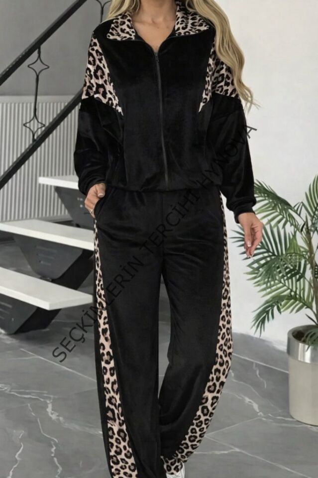 Kadın Uzun Kollu önden Fermuarlı Leopar Detaylı Kadife Bluz Ve Pantolon Ikili Takım