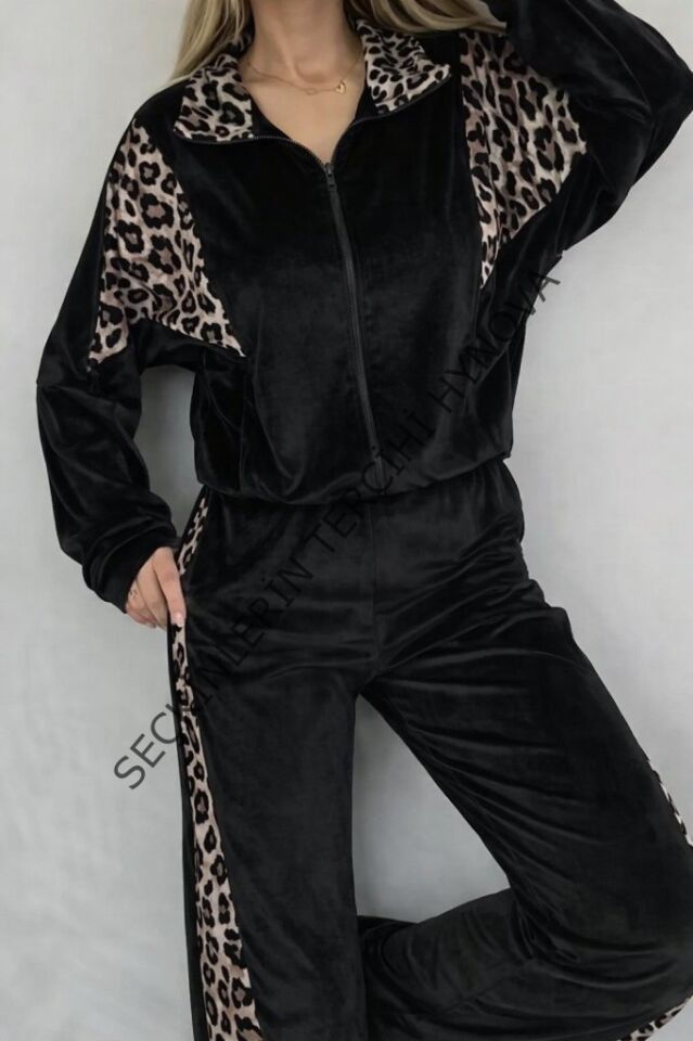 Kadın Uzun Kollu önden Fermuarlı Leopar Detaylı Kadife Bluz Ve Pantolon Ikili Takım