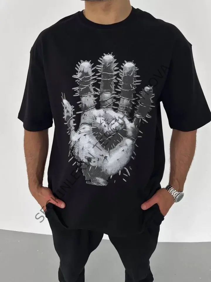 Unisex Bisiklet Yaka Baskılı Oversize T-Shirt - Siyah