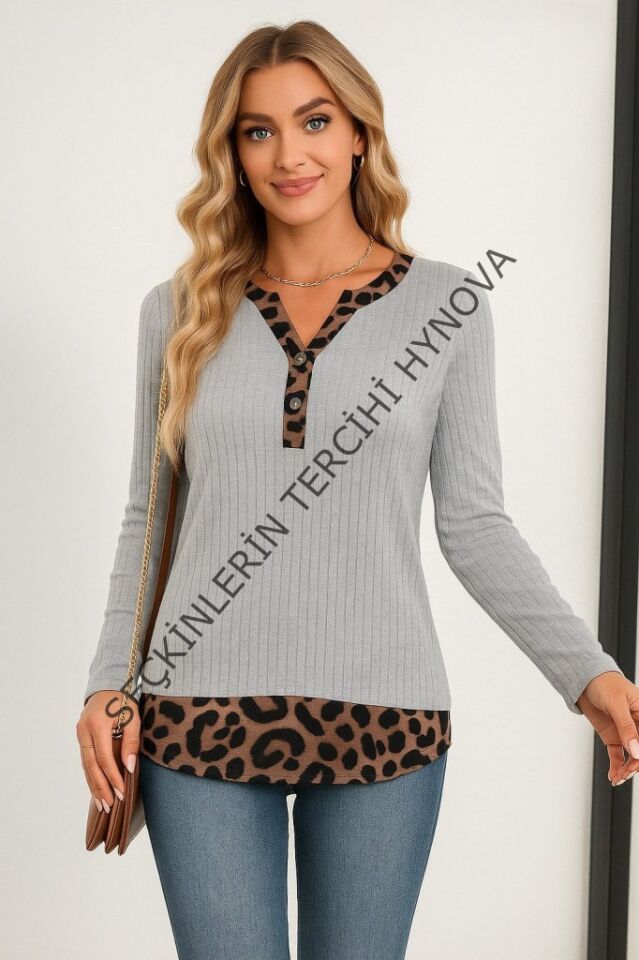 Kadın Uzun Kollu Yakadan Düğmeli Leopar Detaylı Kaşkorse Bluz