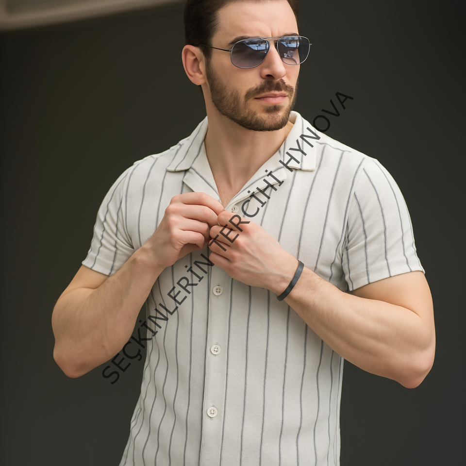 Erkek Kısa Kollu Gri çizgi Desenli örme Kumaş Pamuklu Gömlek