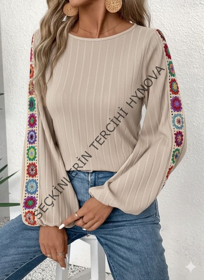 Kadın Uzun Kollu Kayık Yaka şardonlu Kaşkorse Bej Bluz