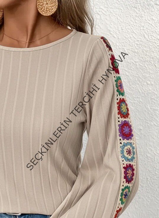 Kadın Uzun Kollu Kayık Yaka şardonlu Kaşkorse Bej Bluz