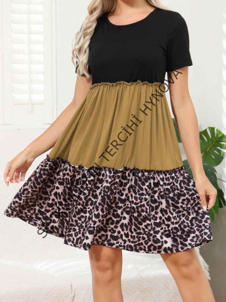 Kadın Leopar Detay üç Parça Viskon Elbise