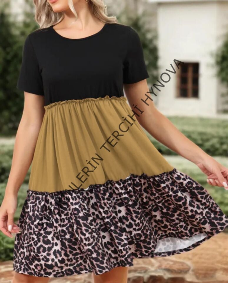 Kadın Leopar Detay üç Parça Viskon Elbise