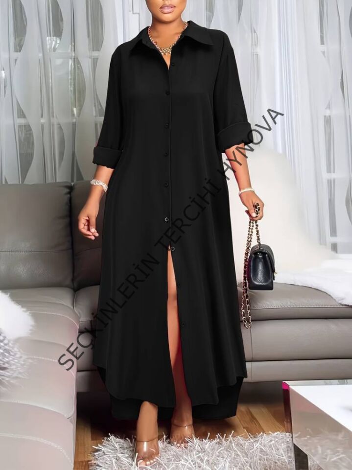 Kadın Uzun Kollu Yakalı önden Düğmeli Uzun Dokuma Elbise