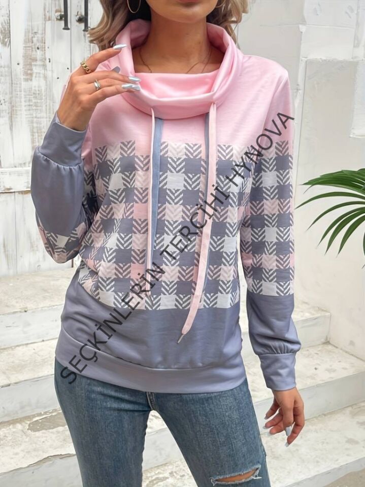 Kadın Uzun Kollu Balıkçı Yaka Bağcıklı Desenli şardonlu Dalgıç Bluz