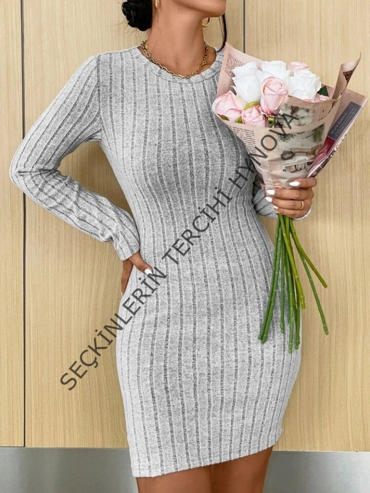 Kadın Uzun Kollu Bisiklet Yaka şardonlu Kalın Fitilli Kaşkorse Mini Boy Elbise
