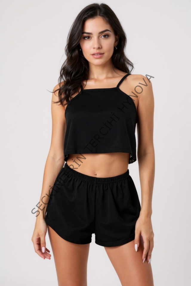 Kadın Siyah Arkası Komple Dantel Şortlu Gecelik Takım