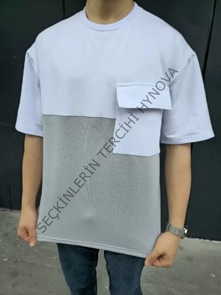 Unisex Torba Cep Detaylı Parçalı T-Shirt - Gri