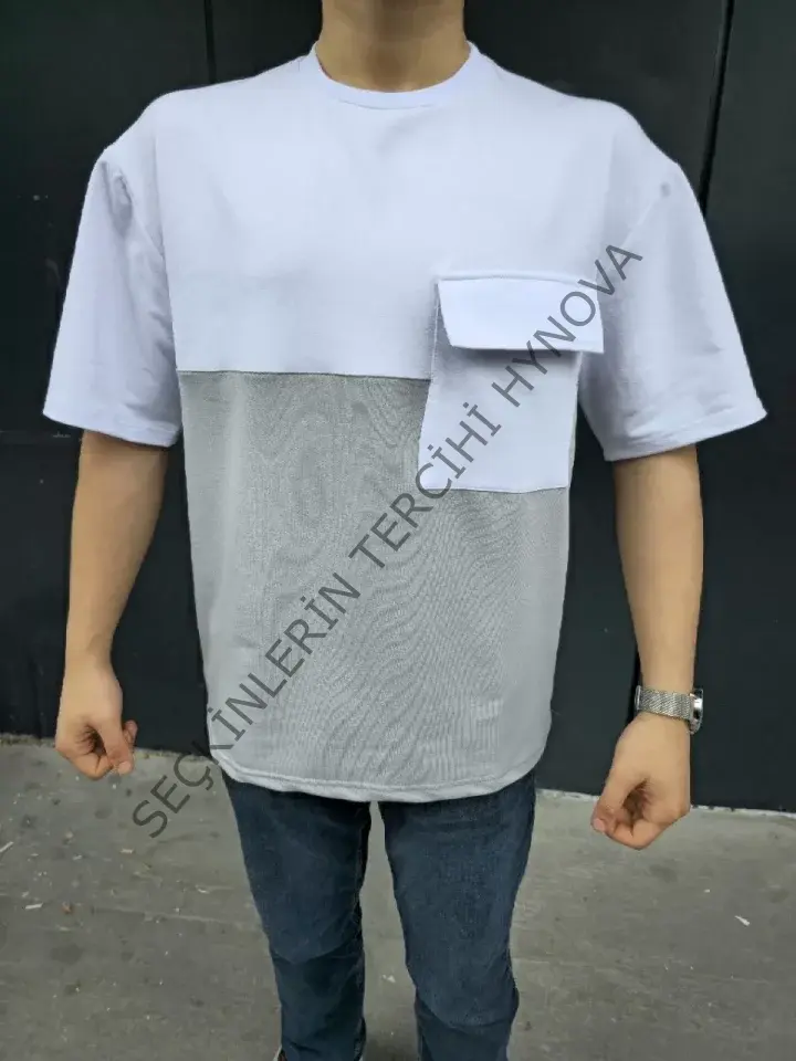 Unisex Torba Cep Detaylı Parçalı T-Shirt - Gri