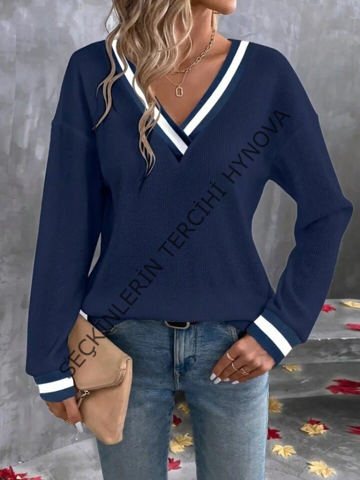 Kadın Uzun Kollu V Yakalı Waffle Bluz