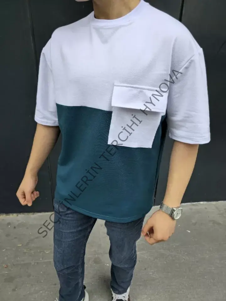 Unisex Torba Cep Detaylı Parçalı T-Shirt - Lacivert