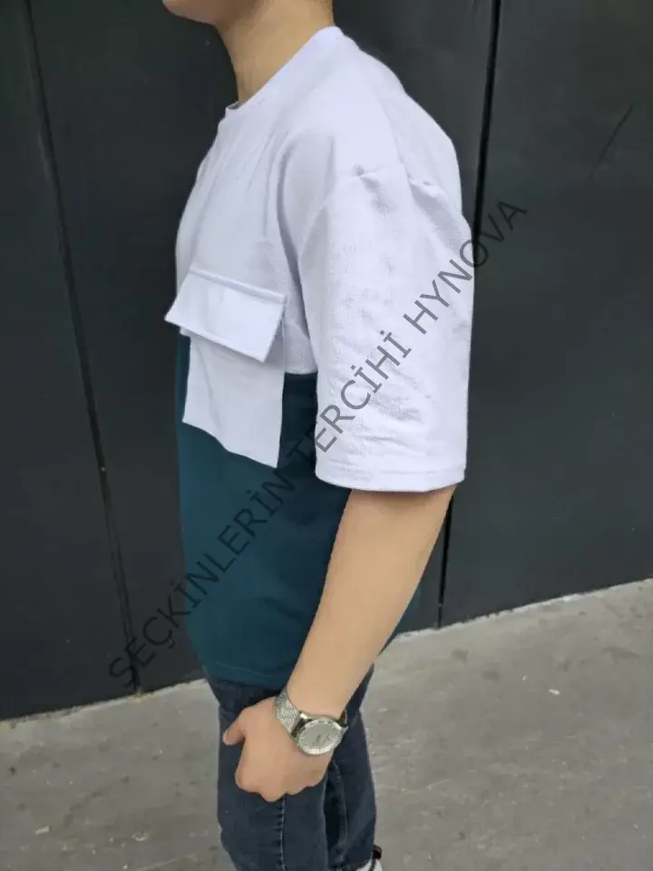 Unisex Torba Cep Detaylı Parçalı T-Shirt - Lacivert