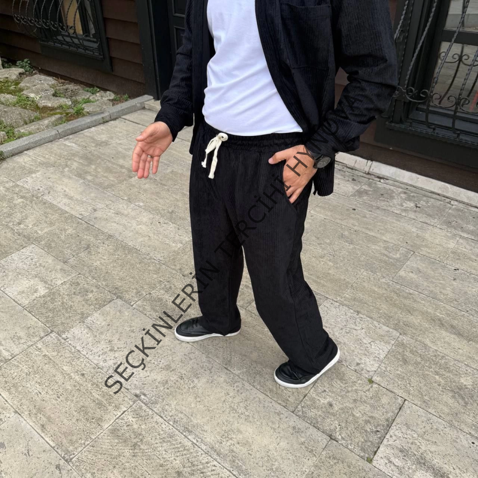Erkek Fitilli Kadife Cepli Buggy Pantolon Oversize Rahat Kalıp - Siyah