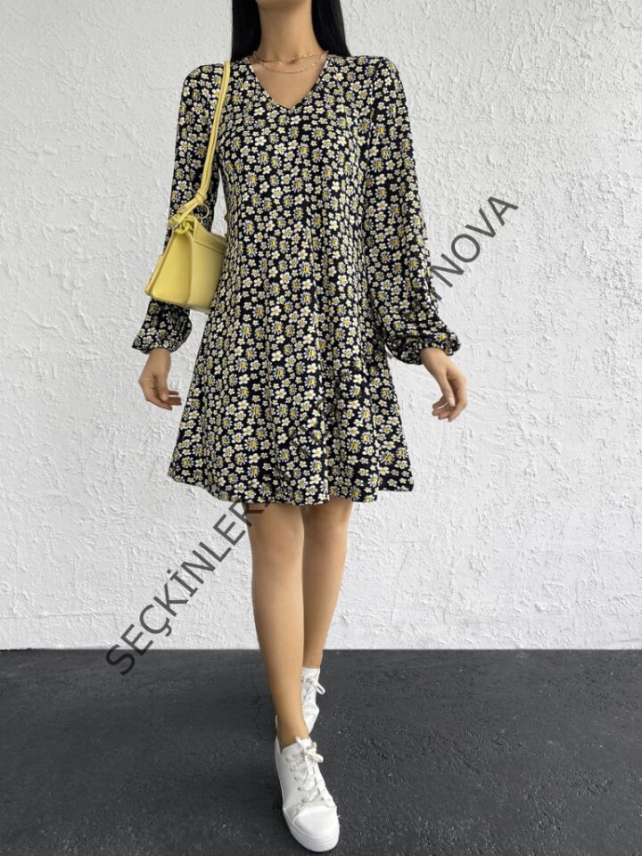 Kadın Uzun Kollu V Yaka çiçek Desenli Helen Kumaş Elbise