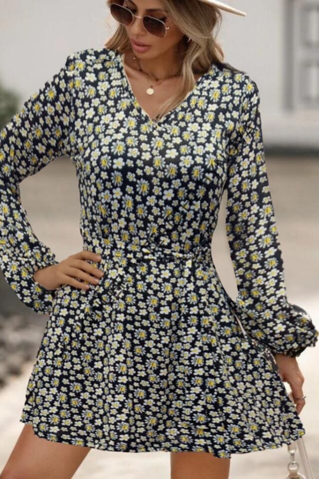 Kadın Uzun Kollu V Yaka çiçek Desenli Helen Kumaş Elbise