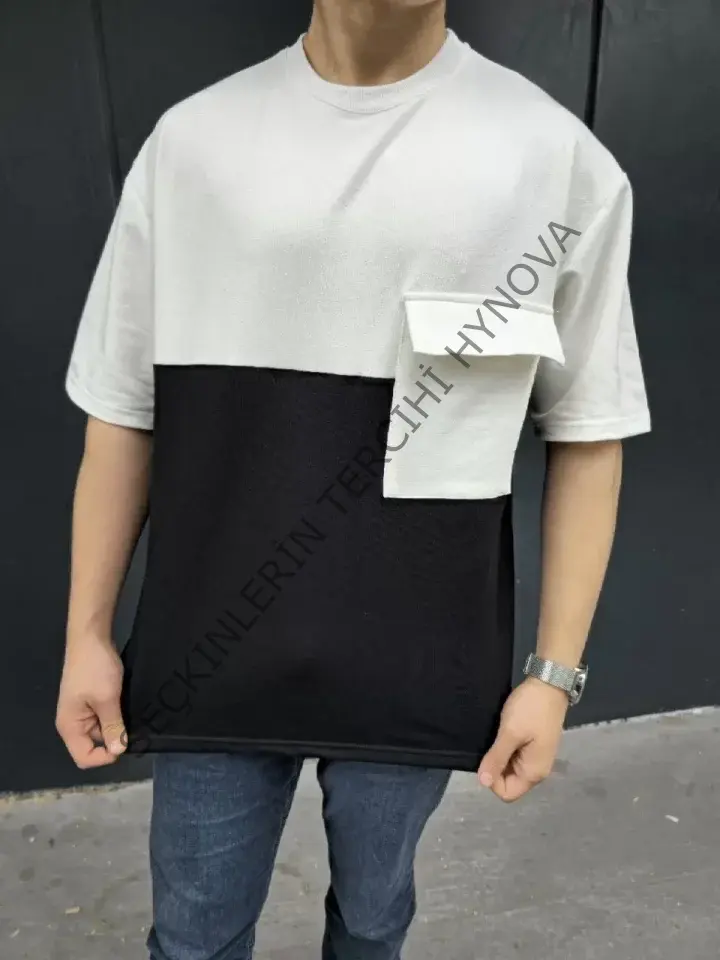 Unisex Torba Cep Detaylı Parçalı T-Shirt - Siyah