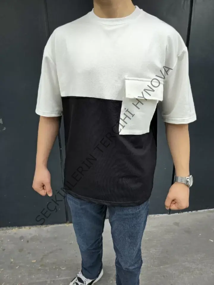 Unisex Torba Cep Detaylı Parçalı T-Shirt - Siyah