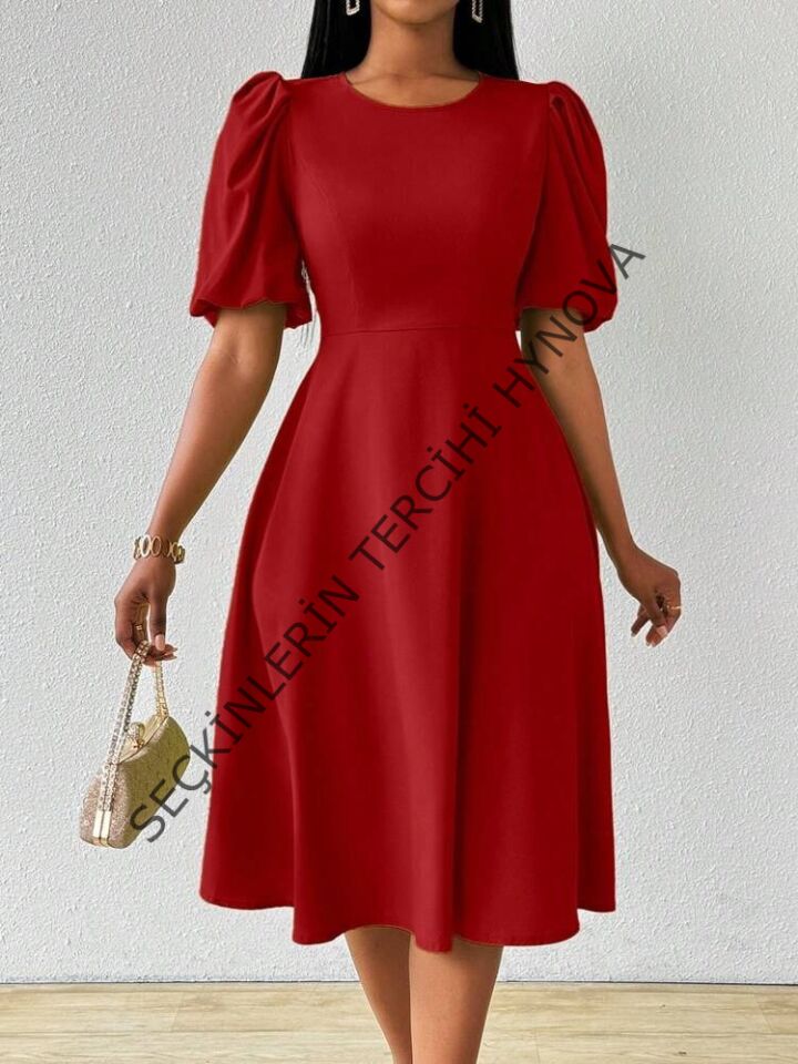 Kadın Kısa Balon Kollu Bisiklet Yaka Kiloş Janjan Krep Elbise