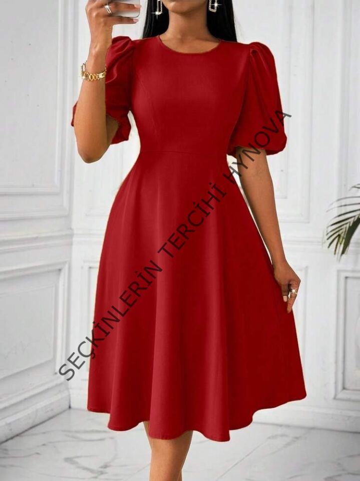 Kadın Kısa Balon Kollu Bisiklet Yaka Kiloş Janjan Krep Elbise
