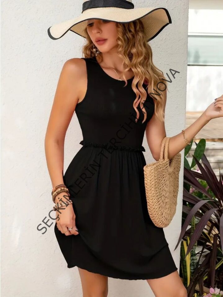 Kadın Kolsuz Bel Lastik Ve Büzgü Detay Viskon Mini Elbise