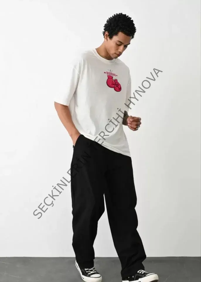 Unisex Bisiklet Yaka Baskılı Oversize T-Shirt - Beyaz