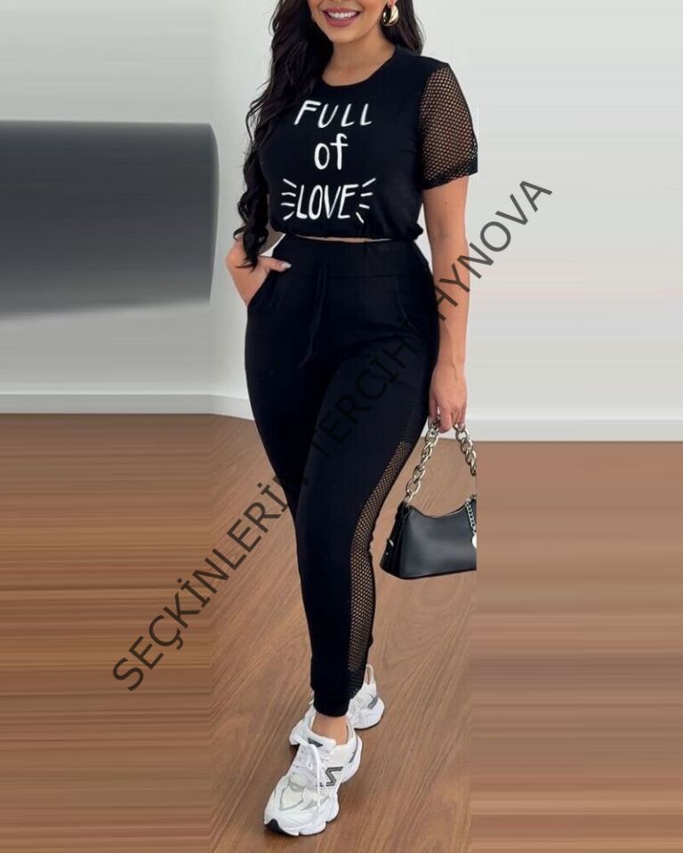 Kadın Kısa Kollu Bisiklet Yaka File Detaylı Viskon Iki Iplik Krop Ve Eşofman Altı Ikili Takım