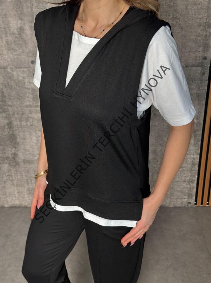 Kadın Kısa Kollu V Yakalı Kapşonlu Viskon Iki Iplik Bluz Ve Pantolon Takım