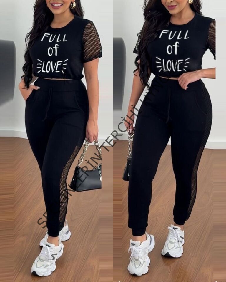 Kadın Kısa Kollu Bisiklet Yaka File Detaylı Viskon Iki Iplik Krop Ve Eşofman Altı Ikili Takım