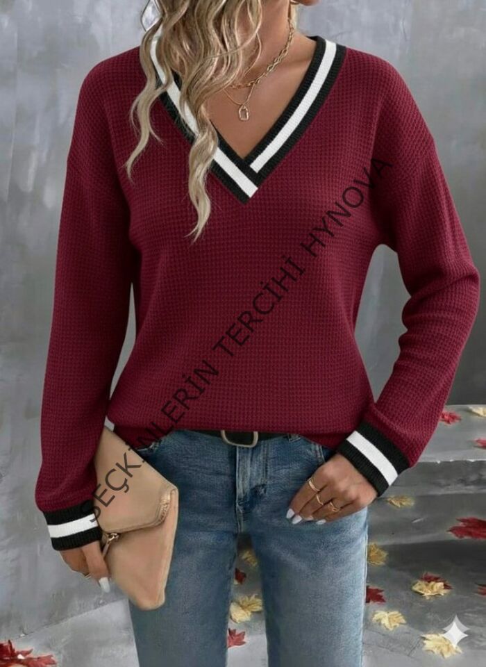 Kadın Uzun Kollu V Yakalı Waffle Bluz