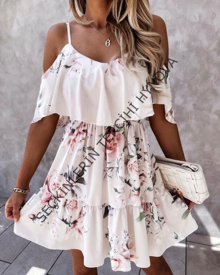 Kadın Gül Desenli Mikro Kumaş Mini Elbise